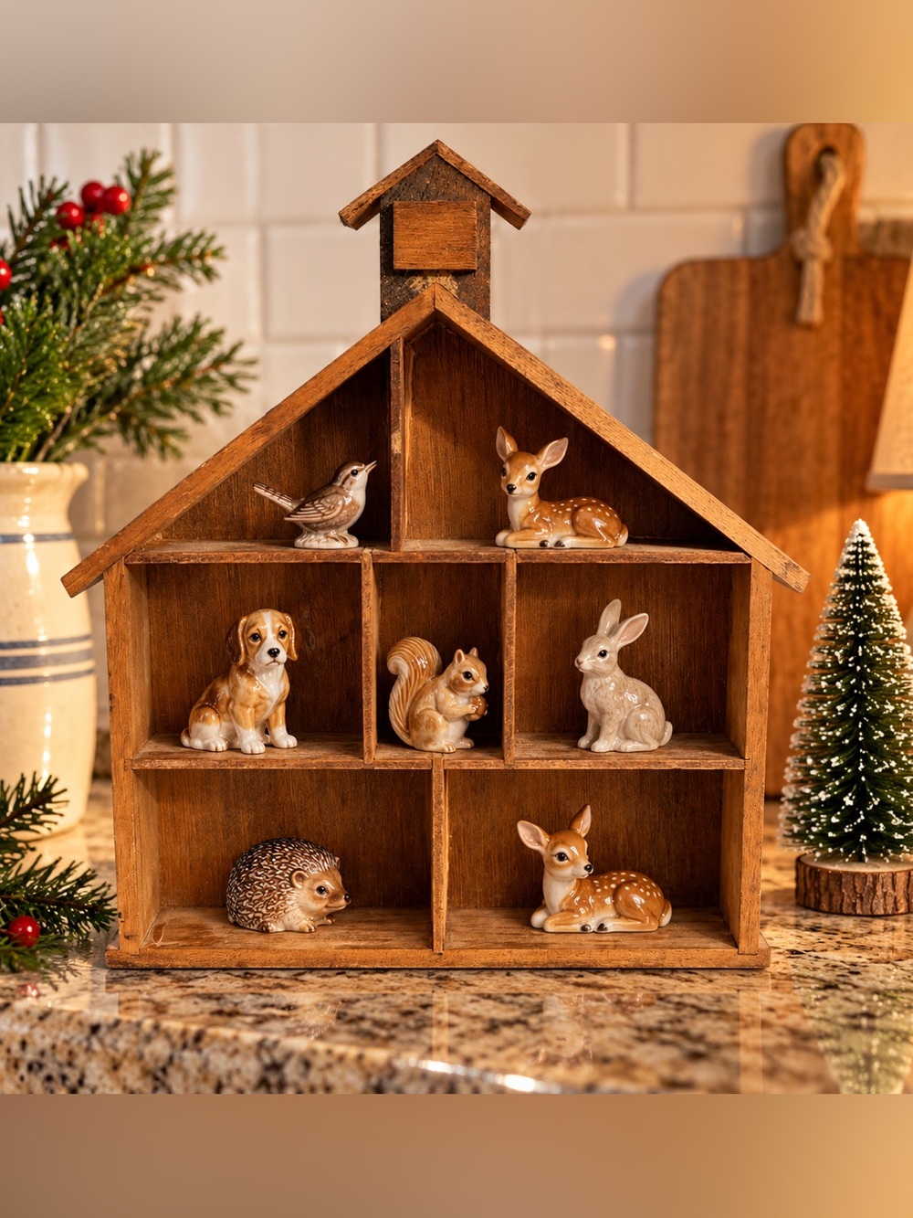 Vintage Wood House Cubby Shelf Miniature Figurine Display Shadow Box only